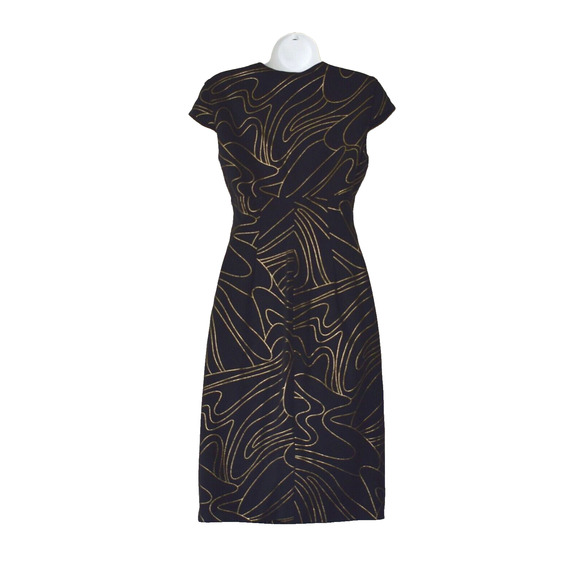 A5 Auth CACHE CONTOURE COLLECTION Blk Metallic Golden Swirl Print Dress Sz US 6 - Picture 3 of 4